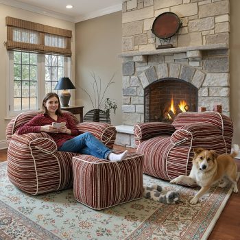 Striped Beanbag Chair with Ottoman, Modern Floor Sofa for Living Room 10 striped beanbag chair floor sofa 02