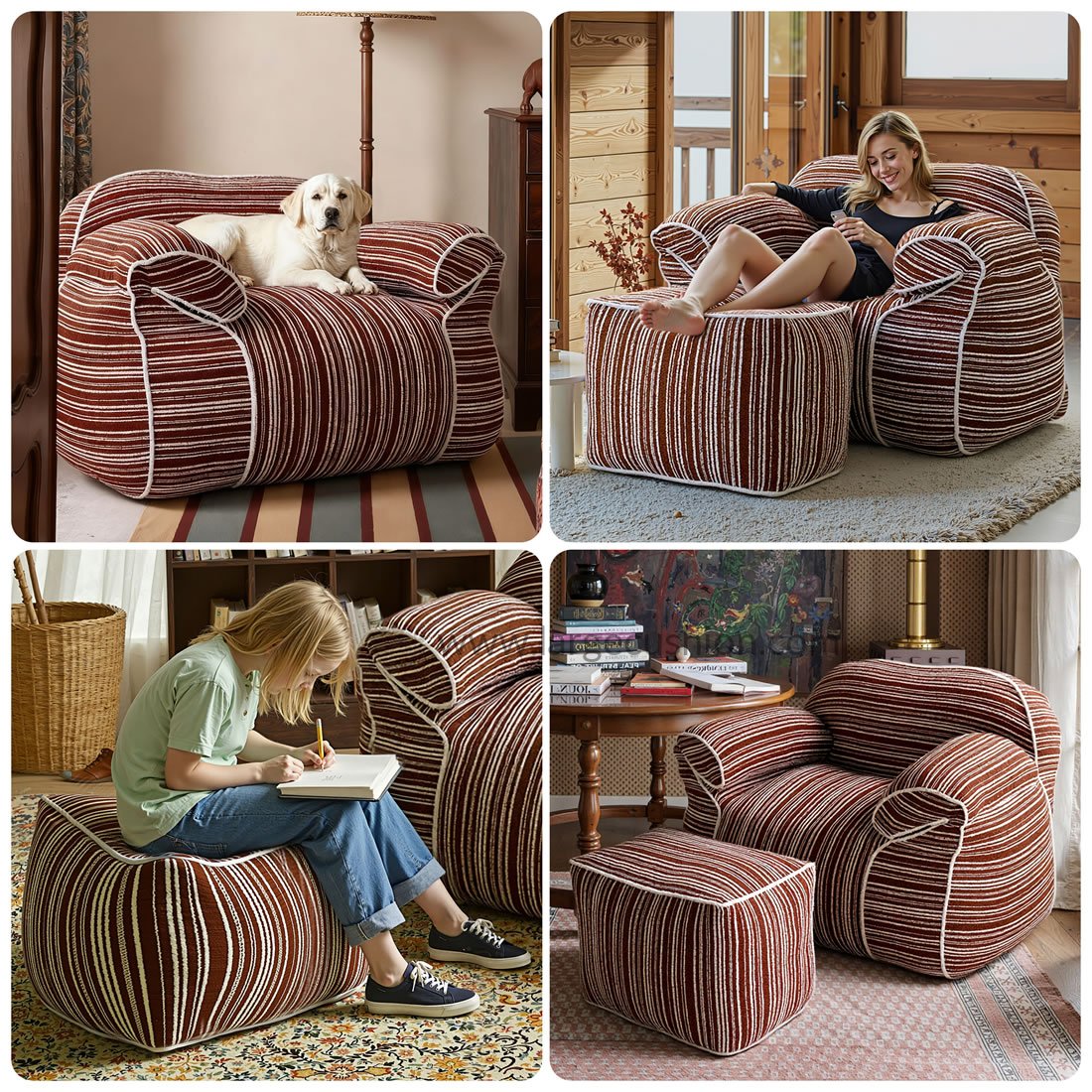 Striped Beanbag Chair with Ottoman, Modern Floor Sofa for Living Room 3 Striped Beanbag Chair with Ottoman, Modern Floor Sofa for Living Room - Image 3