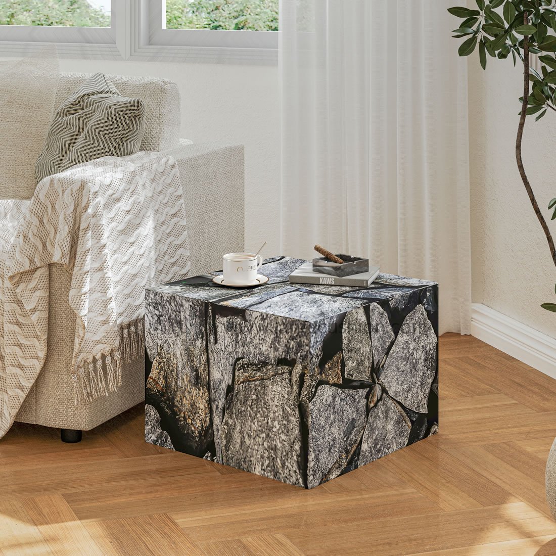 Contemporary Ottoman Cube Multi-Purpose Footstool and Seating Pouf (Stone Texture) 2 Contemporary Ottoman Cube Multi-Purpose Footstool and Seating Pouf (Stone Texture) - Image 2