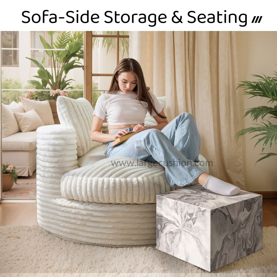 Contemporary Ottoman Cube Decorative Pouf Footrest For Home (White Marble) 3 Contemporary Ottoman Cube Decorative Pouf Footrest For Home (White Marble) - Image 3